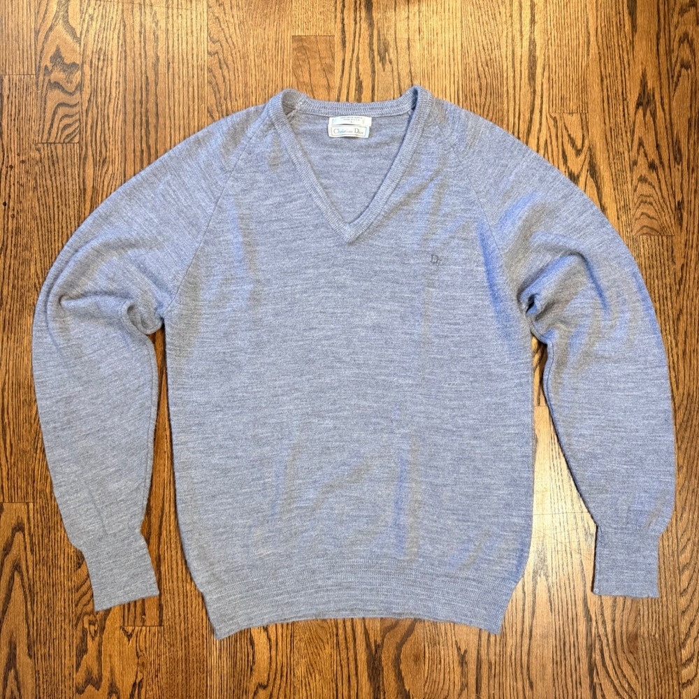 Christian Dior Monsieur Vintage 80s V-Neck Sweater Logo Orlon Large Gray